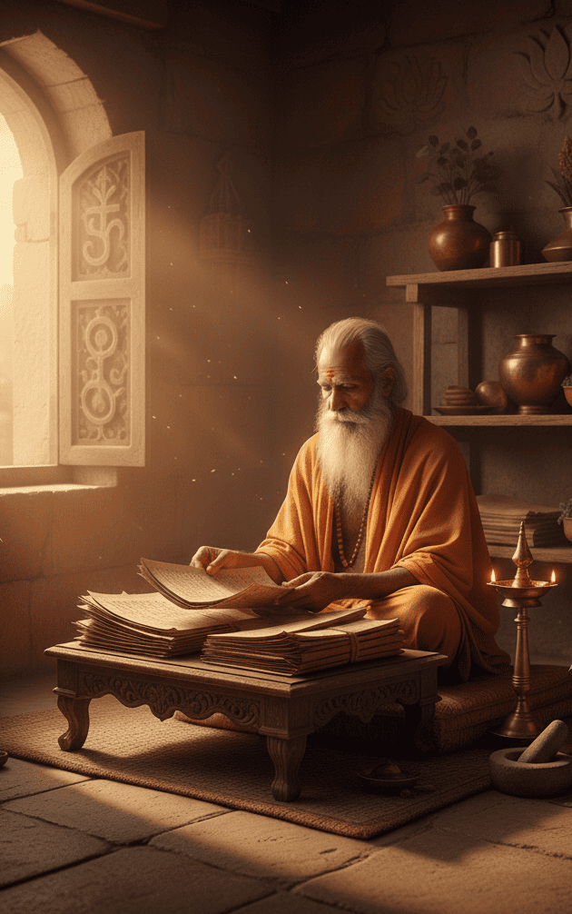 Mestre indiano estudando manuscritos antigos - fundamentos filosóficos e históricos do Ayurveda